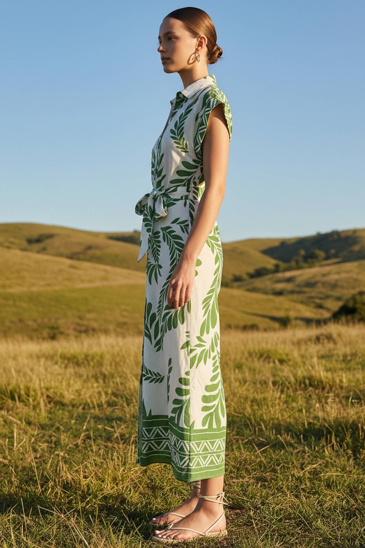Printed Roll-Up Sleeves Side Ruched Front Midi Dress