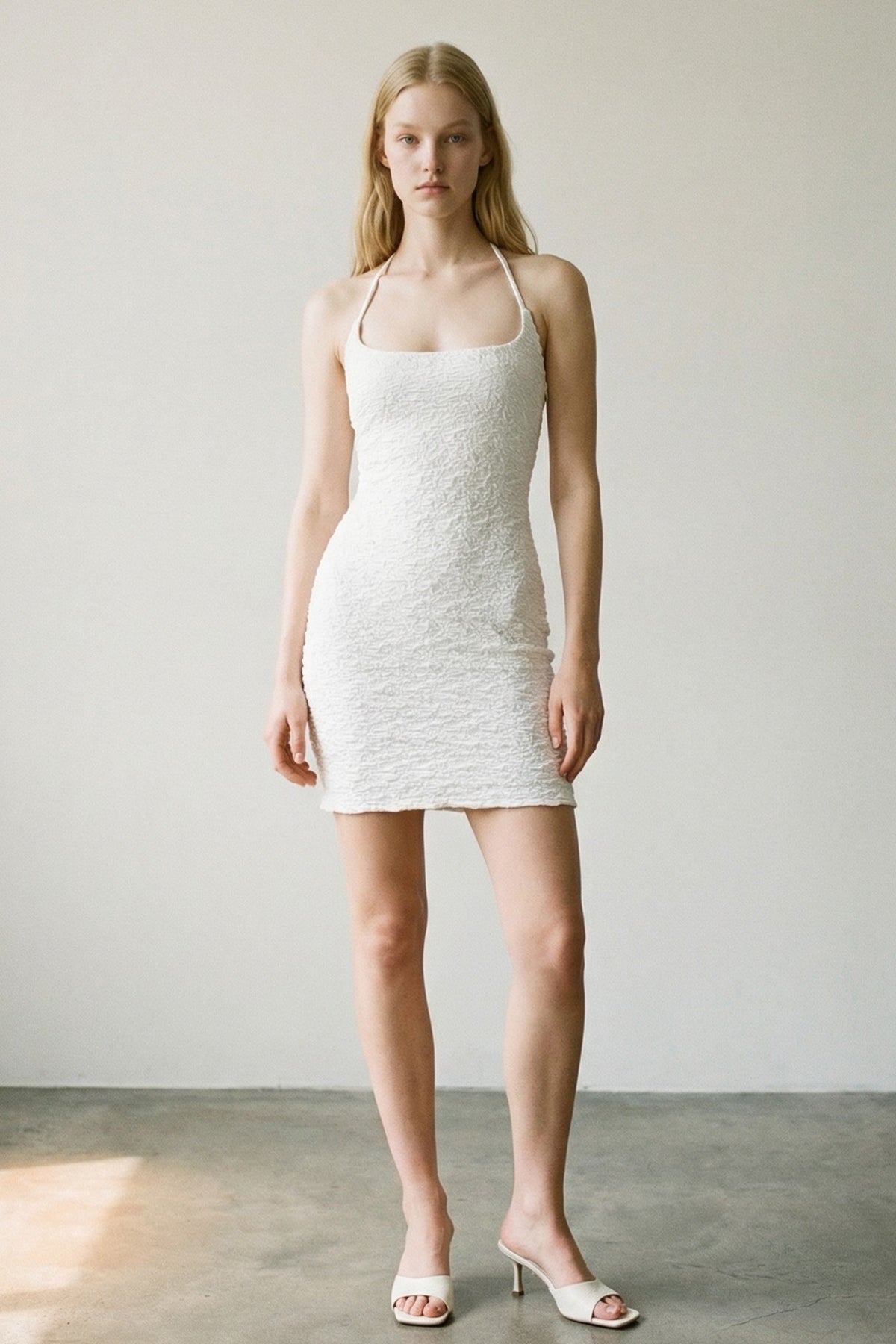 Embossed Mesh Choker Mini Dress