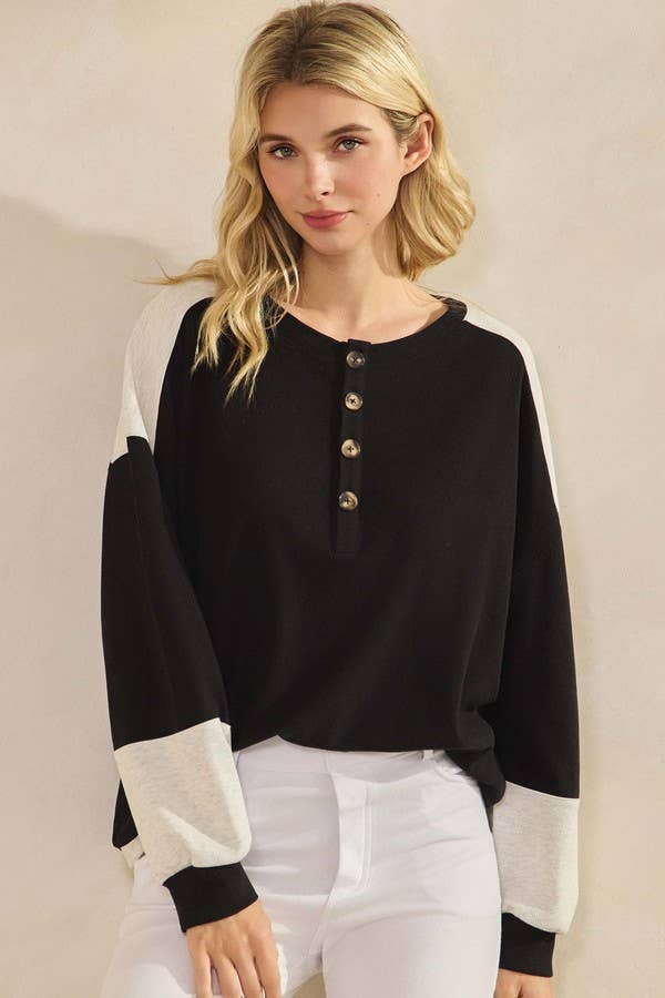 Two Tone Ribbed Loose Fit Top with Buttons