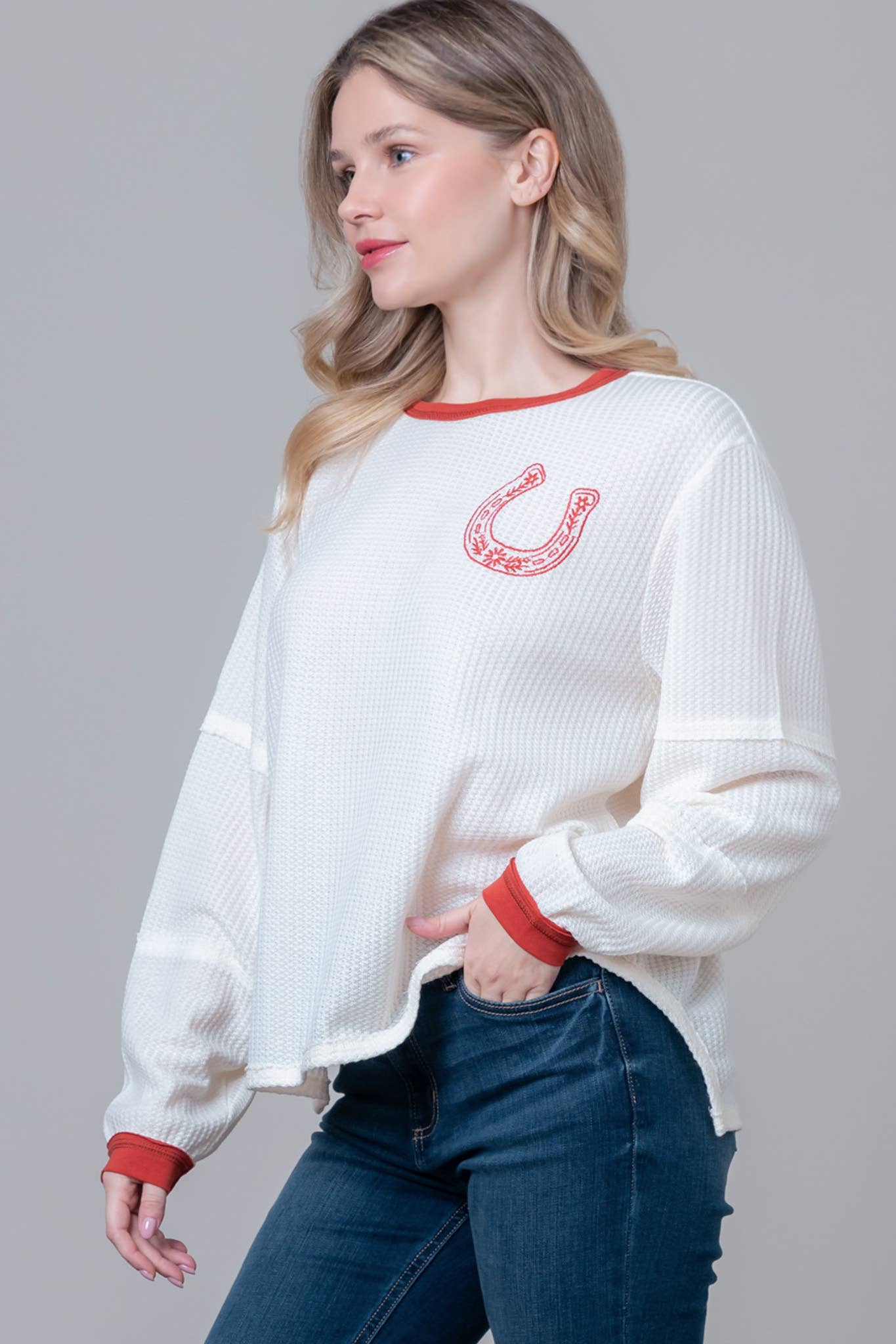 Horseshoe Embroidery Long Sleeve Top for Women