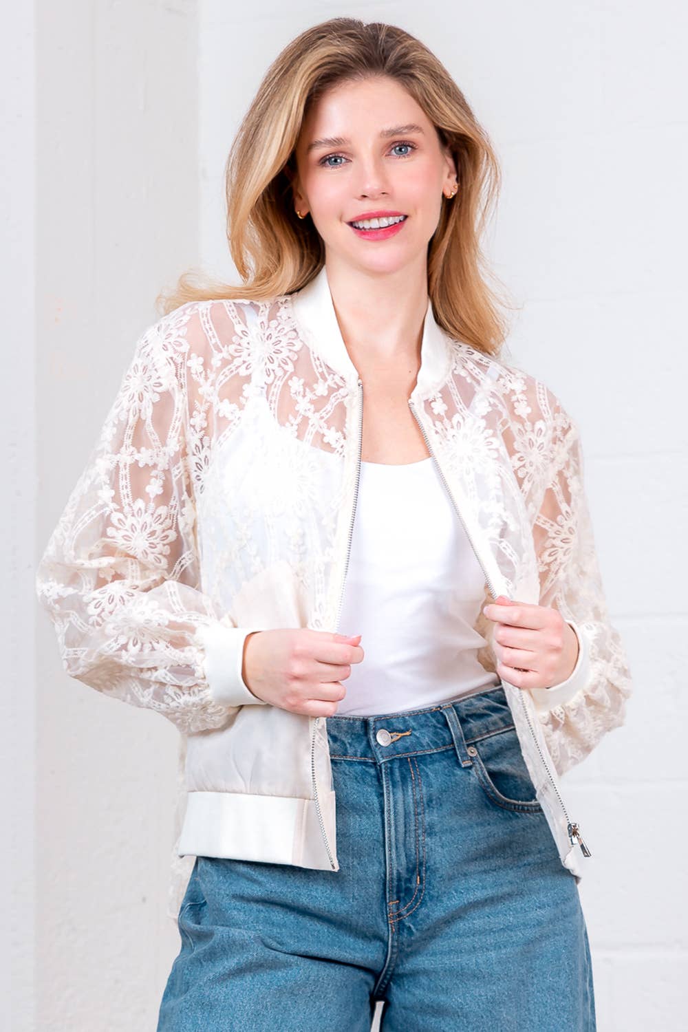 Elegant Cream Lace Bomber Jacket with Pockets