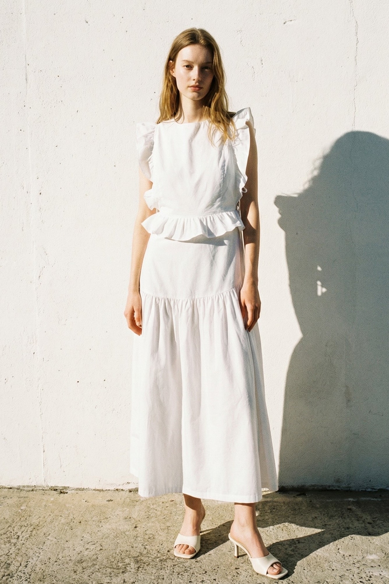 Cotton Ruffled Detail Midi Dress