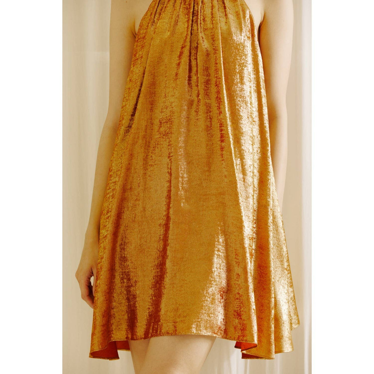 Metallic Foil Sheen Trapeze Mini Dress