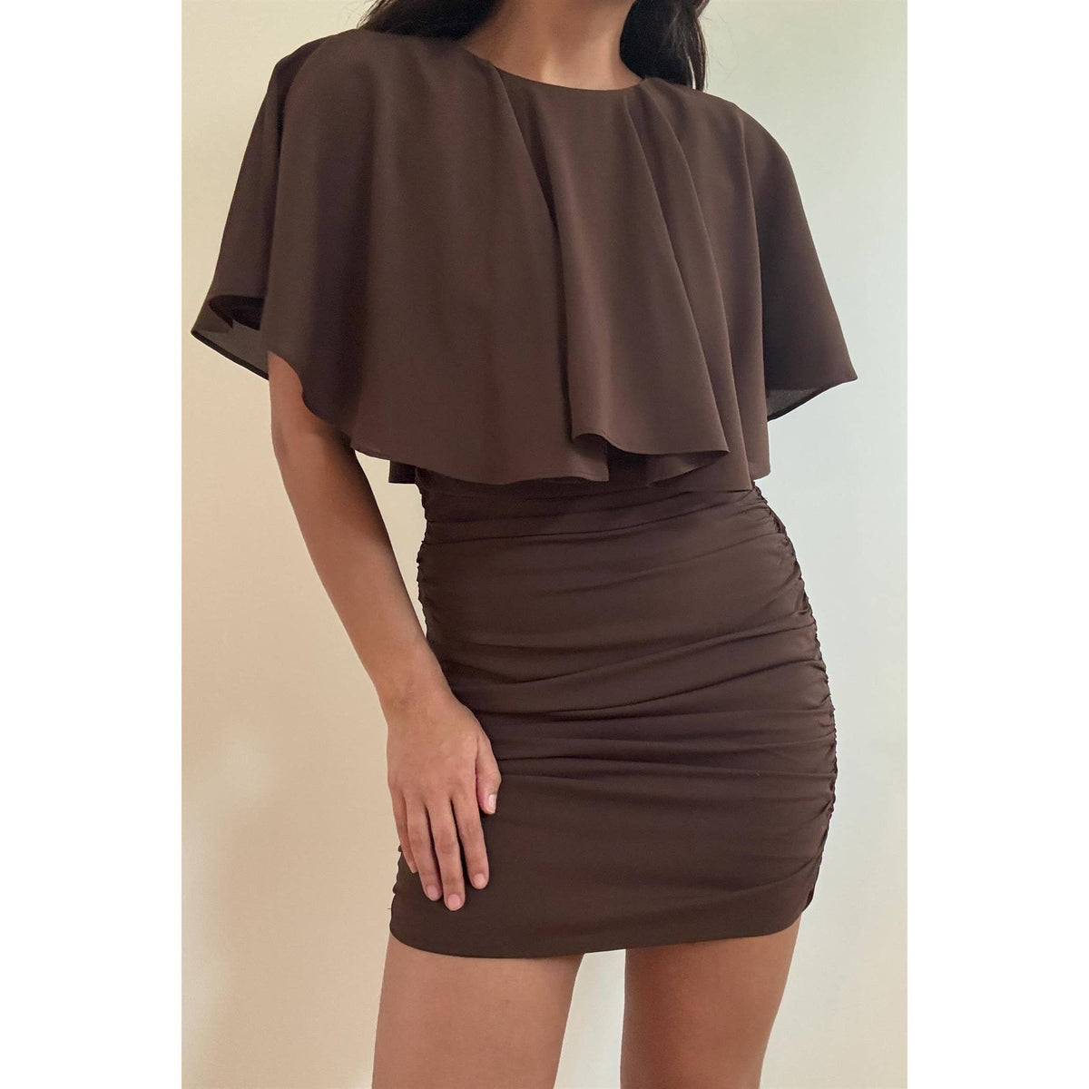 Chiffon Cape Neck Ruched Mini Dress