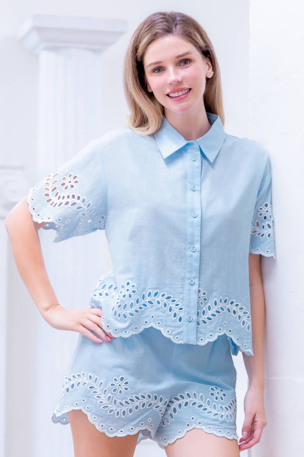 Short Sleeve Collared Shirt Set for Women