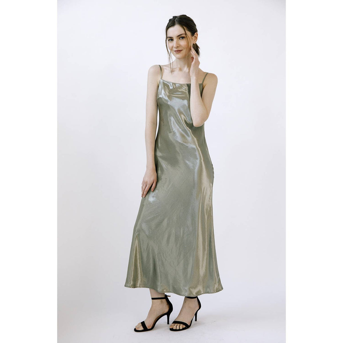 Metallic Foil Satin Slip Midi Dress