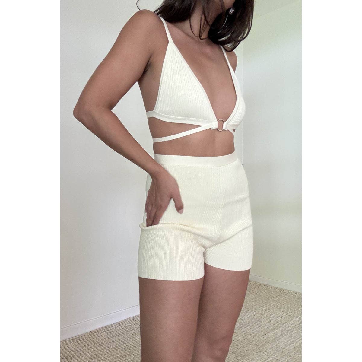 Plunging Neckline Tie Bra Top With Biker Shorts
