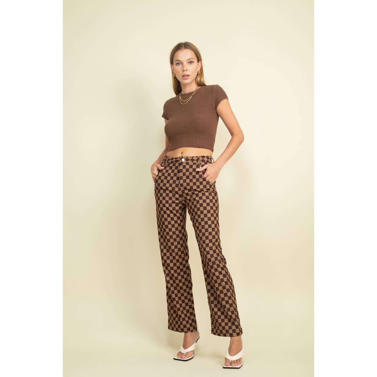 Checkerboard Corduroy Straight Leg Pants W Pockets