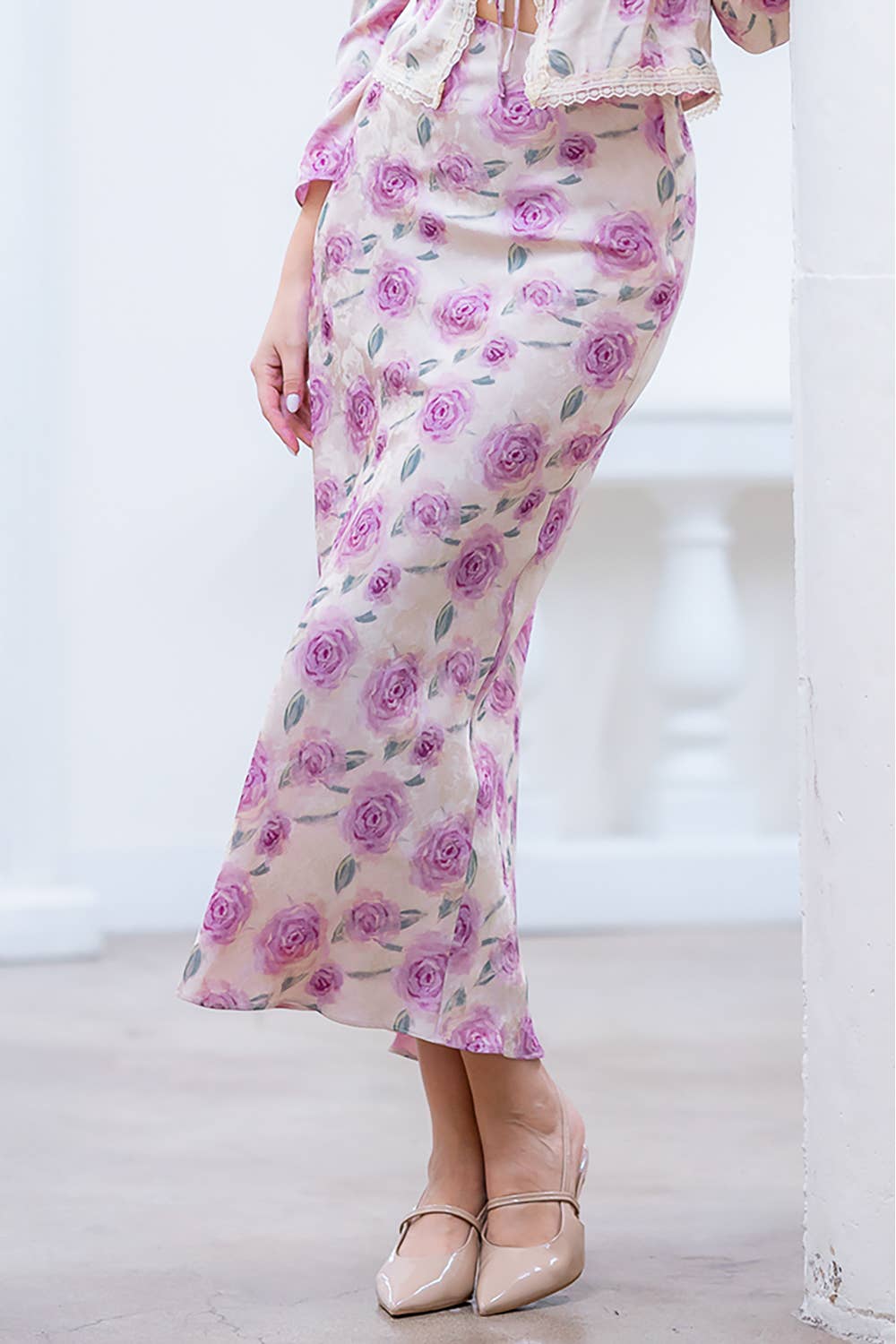 High Waisted A-Line Maxi Skirt with Rose Print