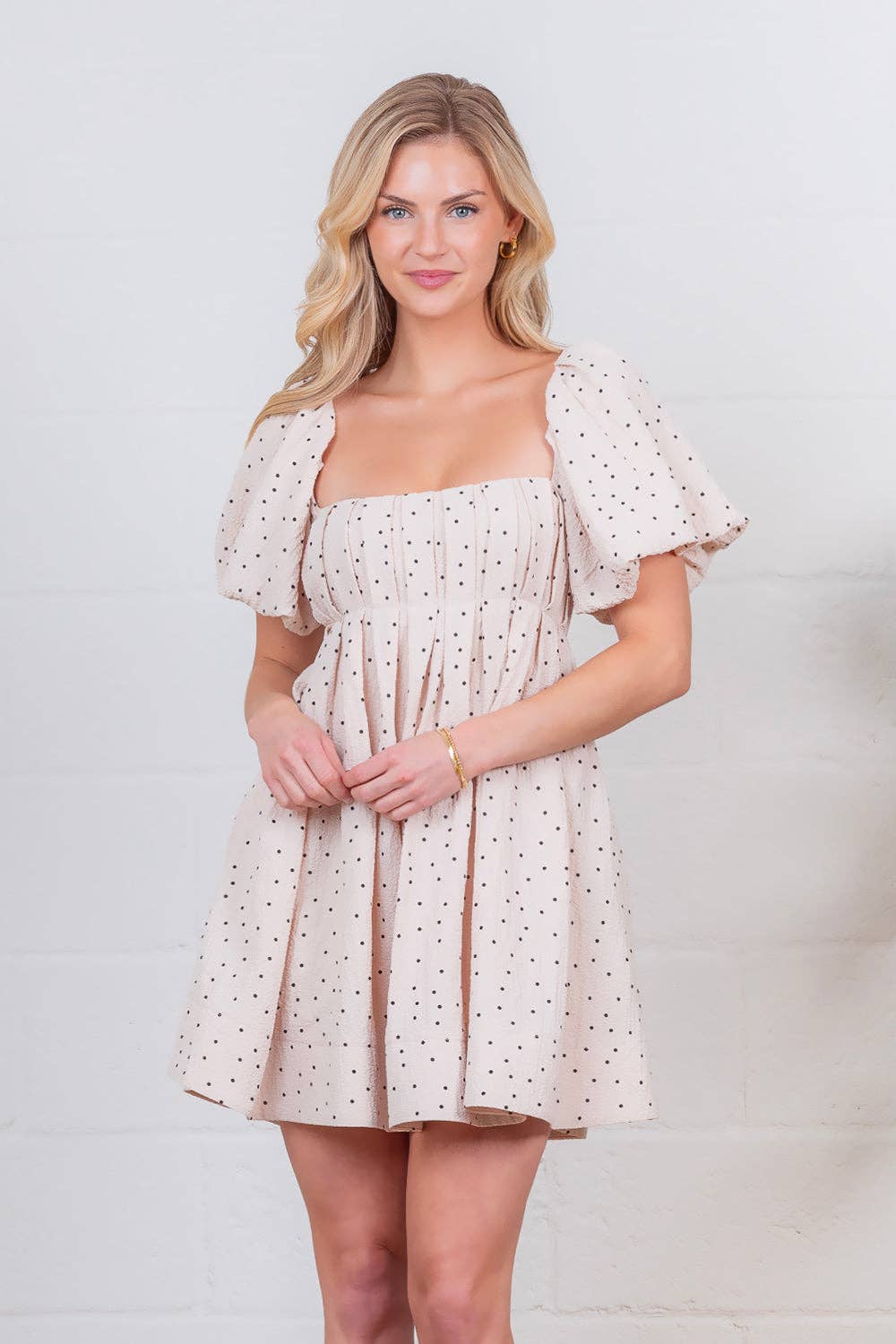 Polka Dot Mini Dress with Square Neckline and Sleeves