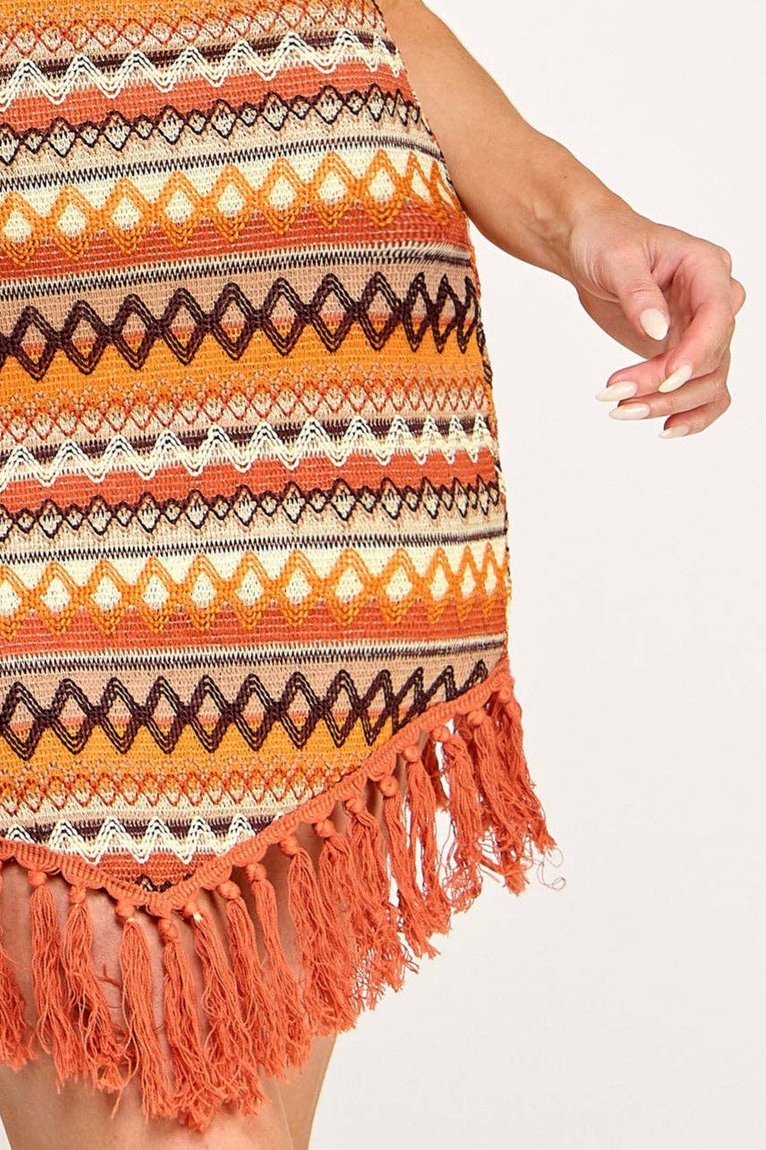 Cabo Mini Dress - Fringe Tribal Print Halter Neck