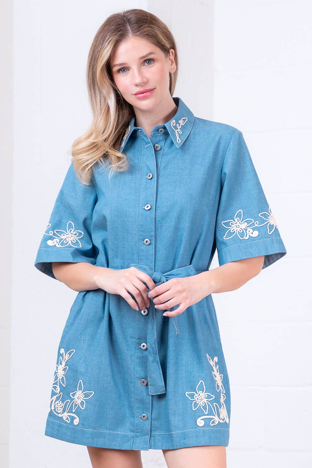 Floral Embroidery Chambray Mini Dress for Women