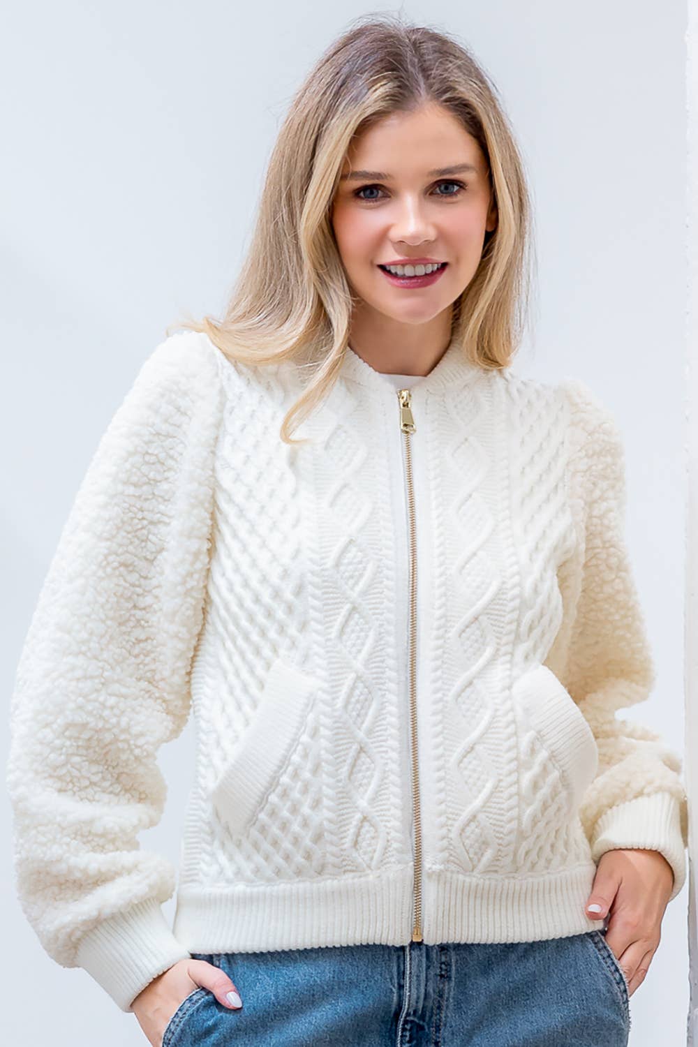 Zip Up Cable Knit Jacket with Sherpa Sleeves