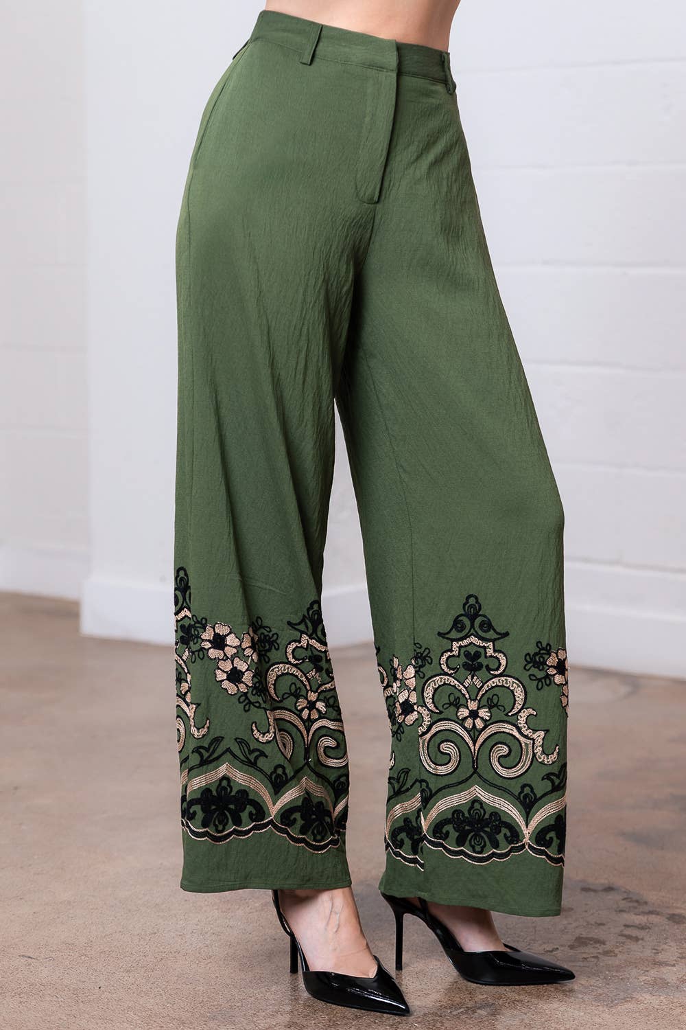 High-Waisted Olive Embroidery Pants for Women