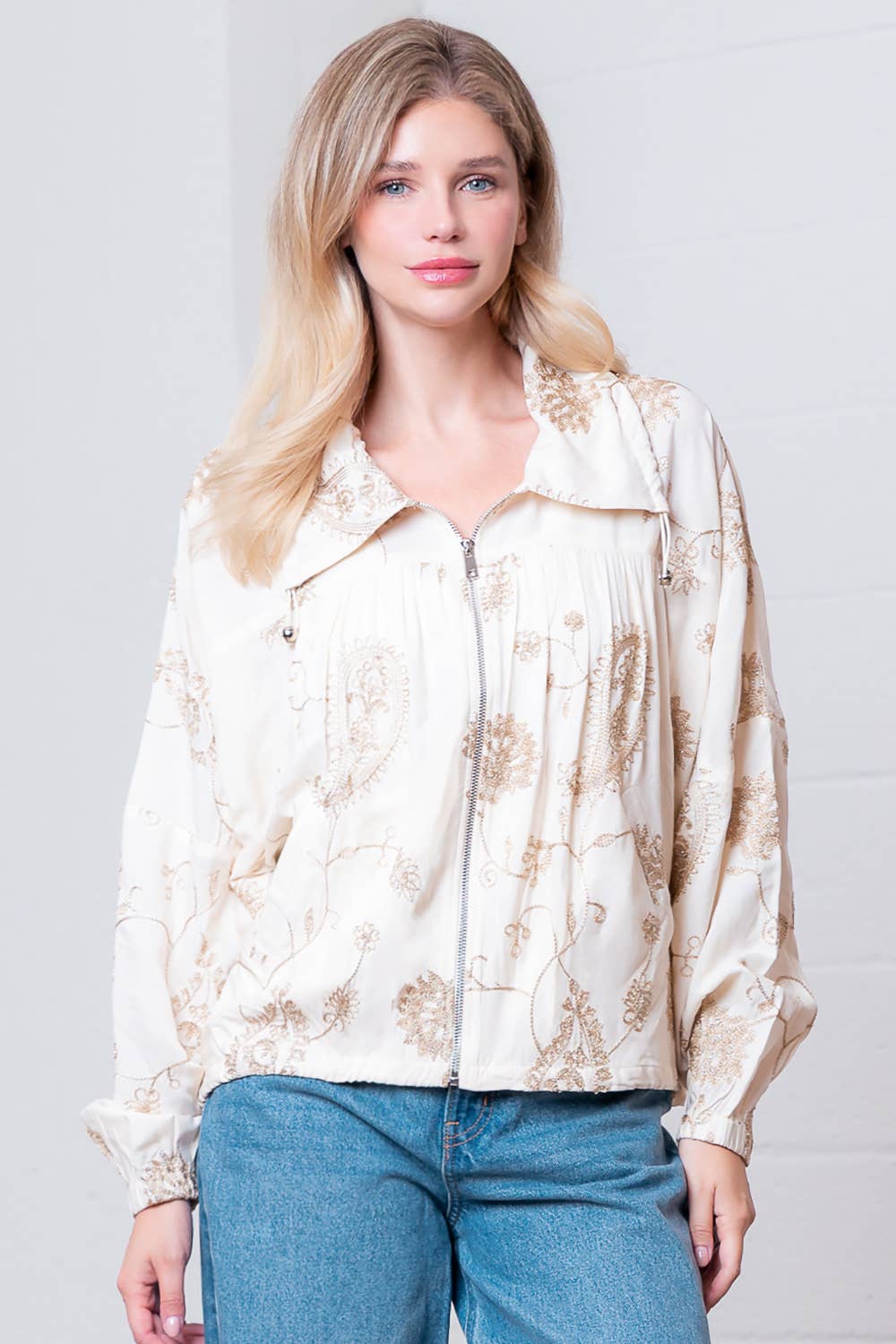 Raglan Long Sleeve W Collar Embroidery Windbreaker