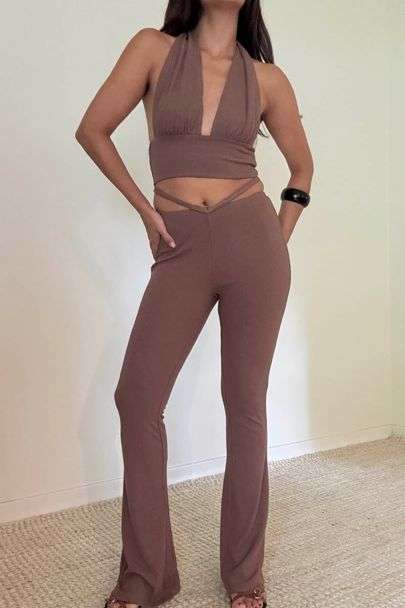 Knit Halter Tie Top And Pants Set