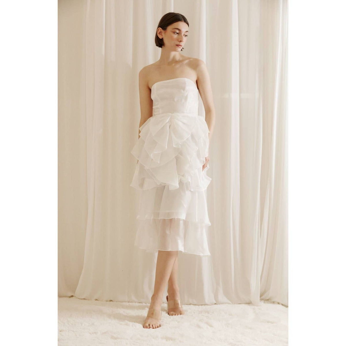 Satin Strapless Brows Midi Dress