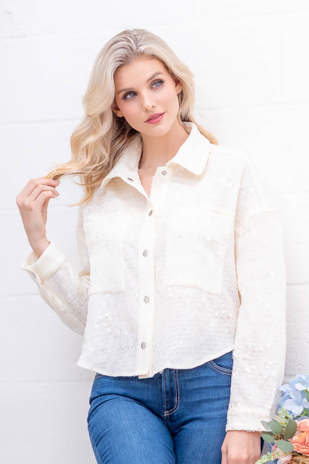Stylish Cream Sequin Jacket with Oversized Pockets