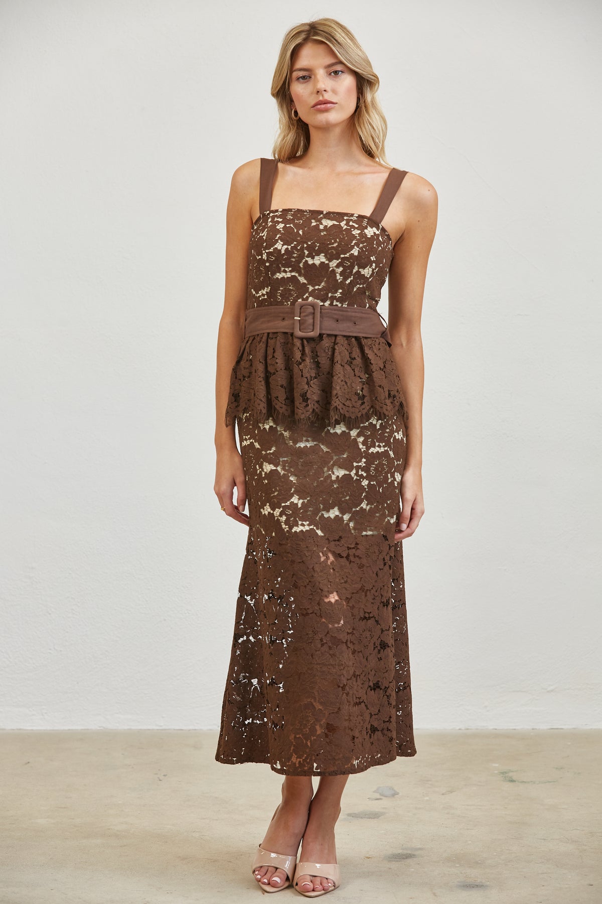 Belted Lace Peplum Midi Dress