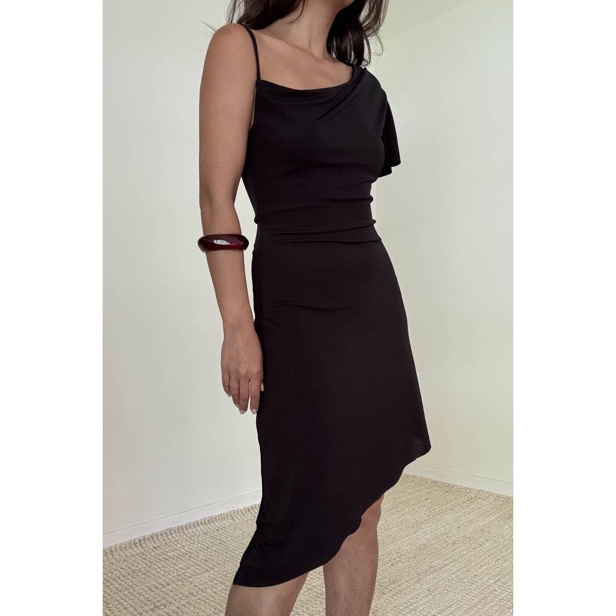 Cowl Neck Asymmetric Hem Mini Dress