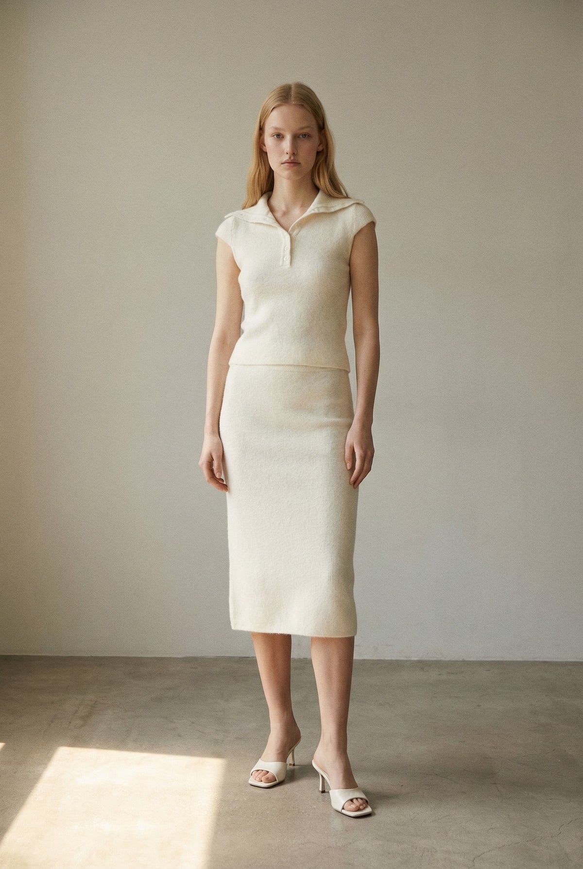 Soft Ribbed Polo Top Midi Skirt Set