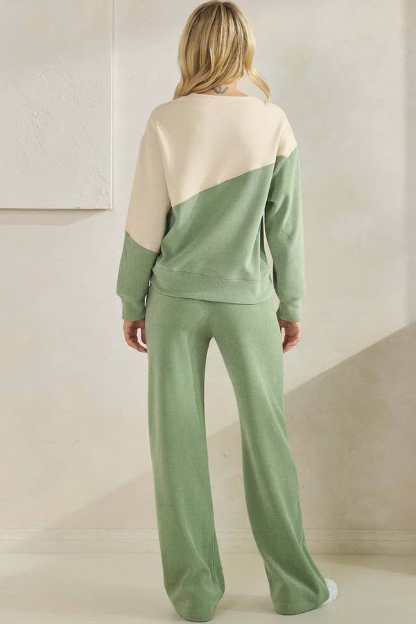 Asymmetrical Two Tone Corduroy Pullover Sweatshirt