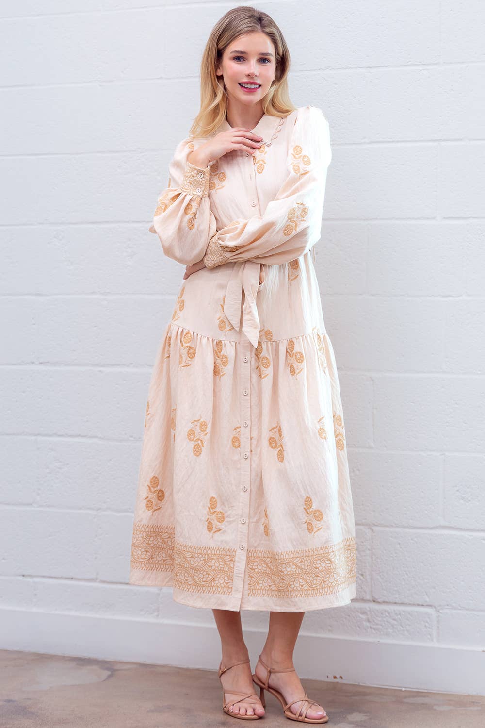 Embroidered Lace Long Cuff Sleeve Dress for Women