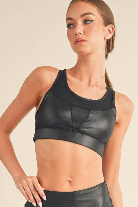 Faux Leather Mesh Insert Activewear Sports Bra
