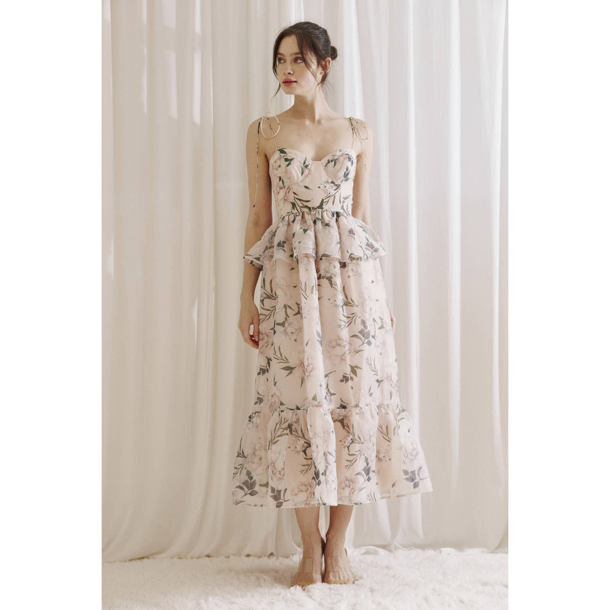 Large Floral Ruffled Peplum Midi Dress