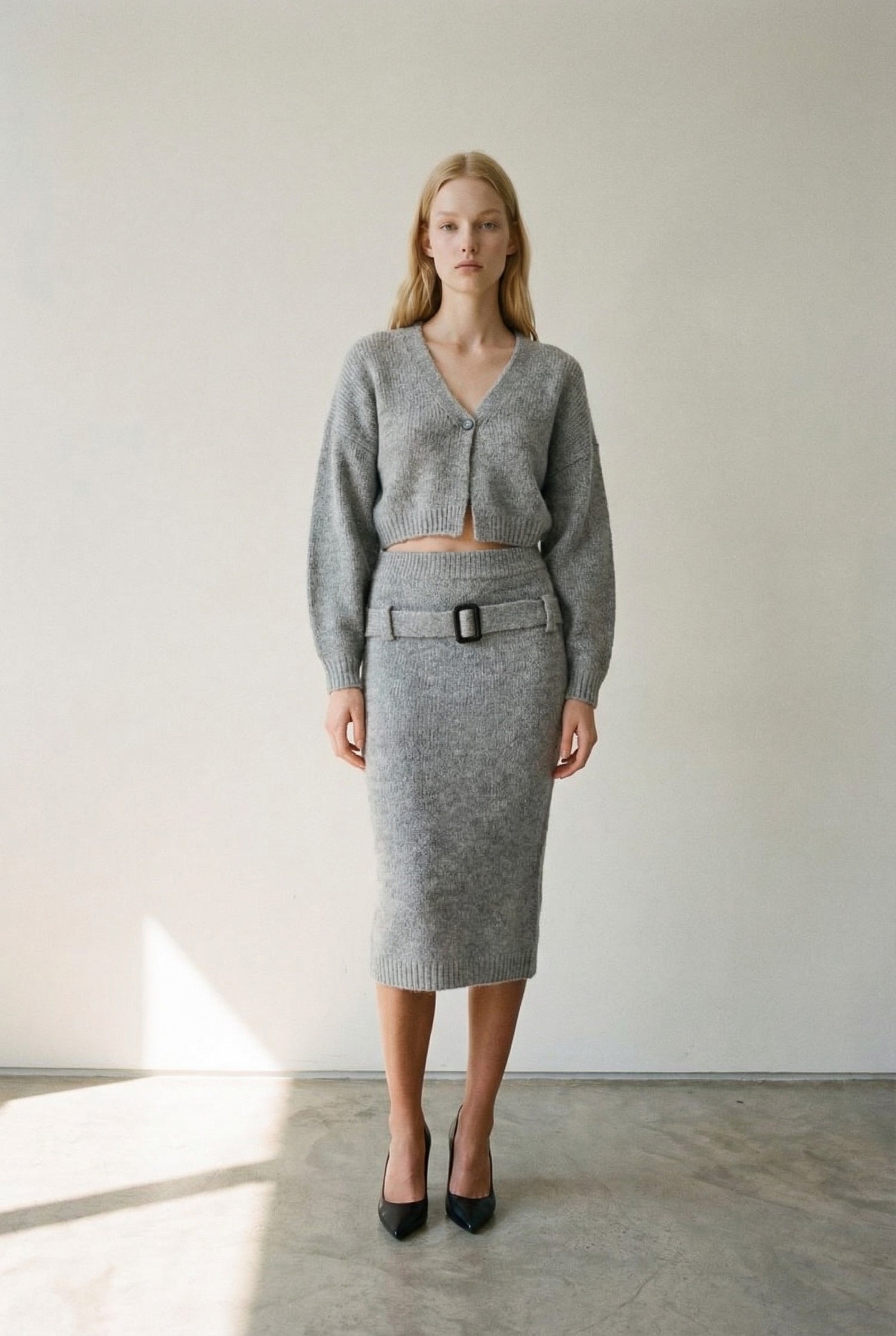 Knit Cropped Cardigan And Belted Skirt Set