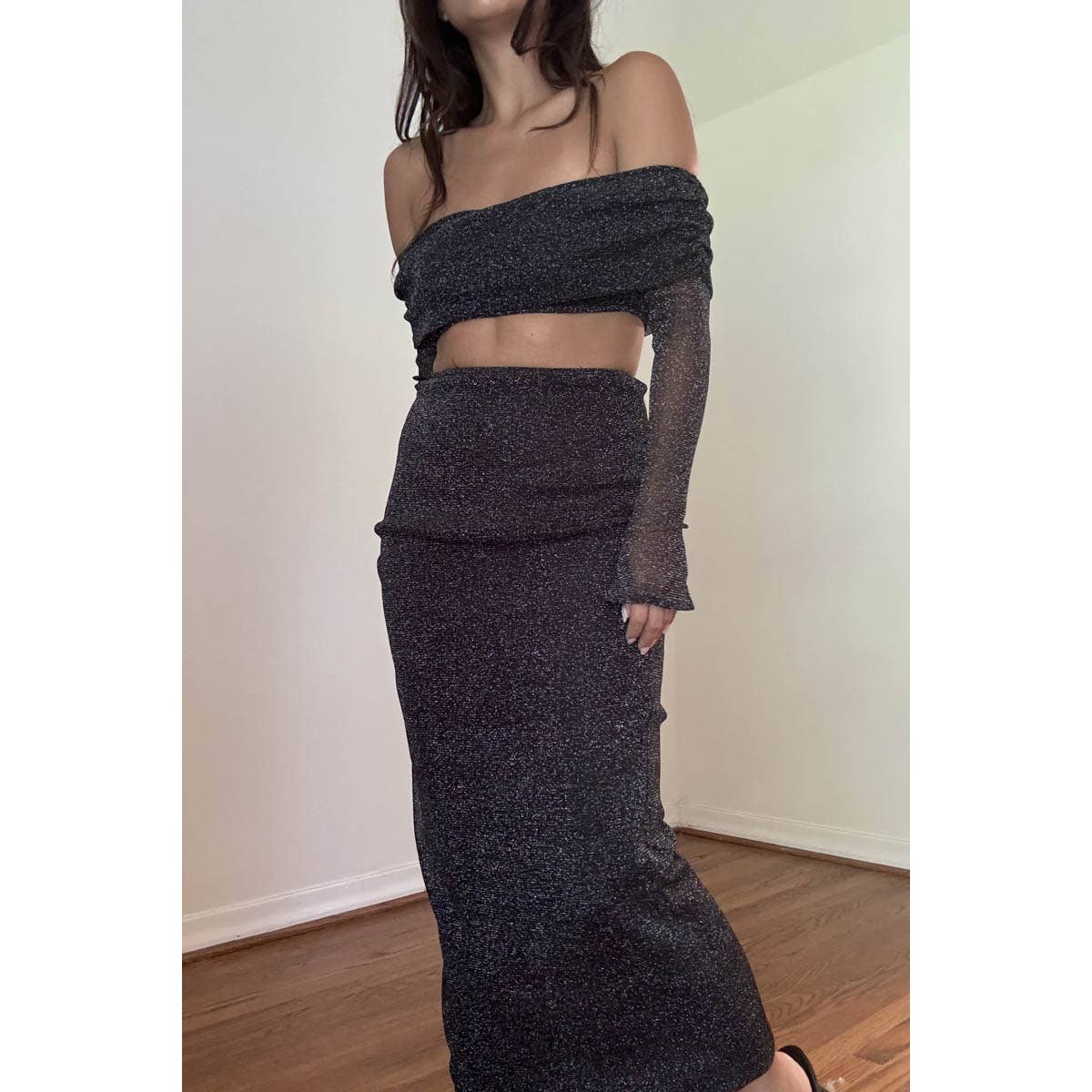 Sparkle Mesh Off Shoulder Top With Slit Maxi Skirt
