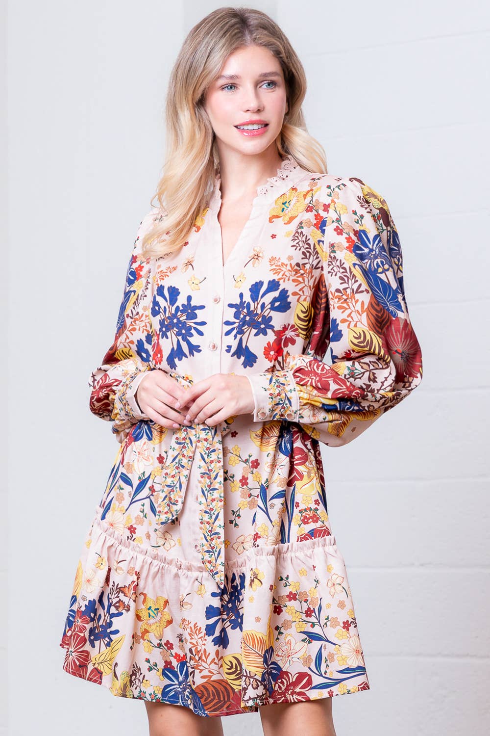 Floral Printed Dress with Lace Trim for Women