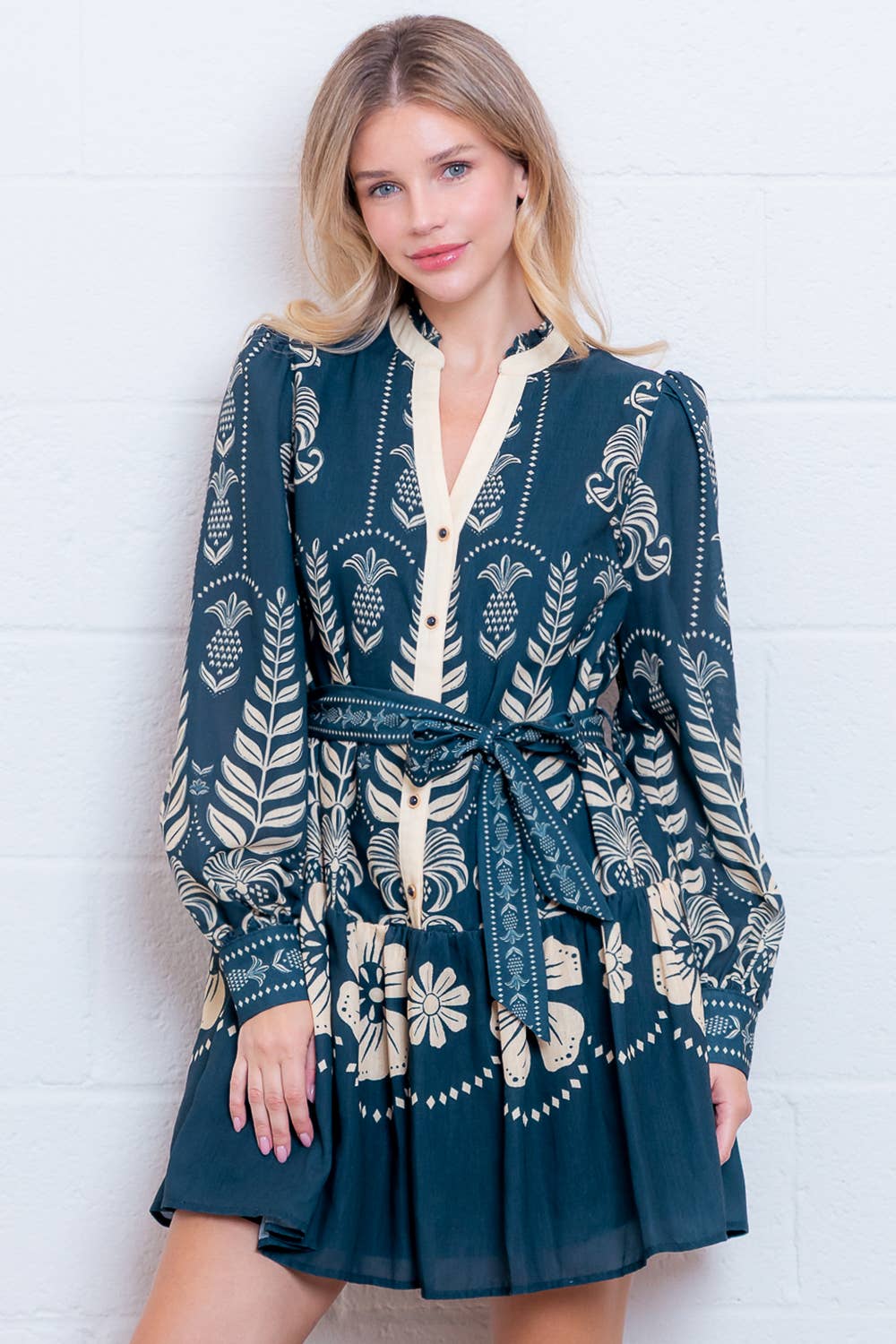 Navy Printed Mini Dress with Ruffle Collar