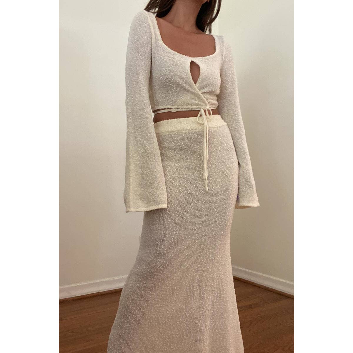 Textured Knit Tie Up Top With Maxi Skirt