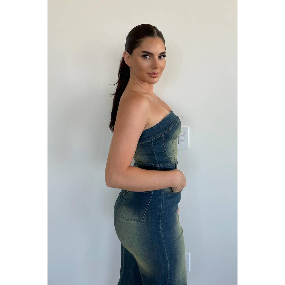 VINTAGE DENIM BANDEAU MIDI DRESS