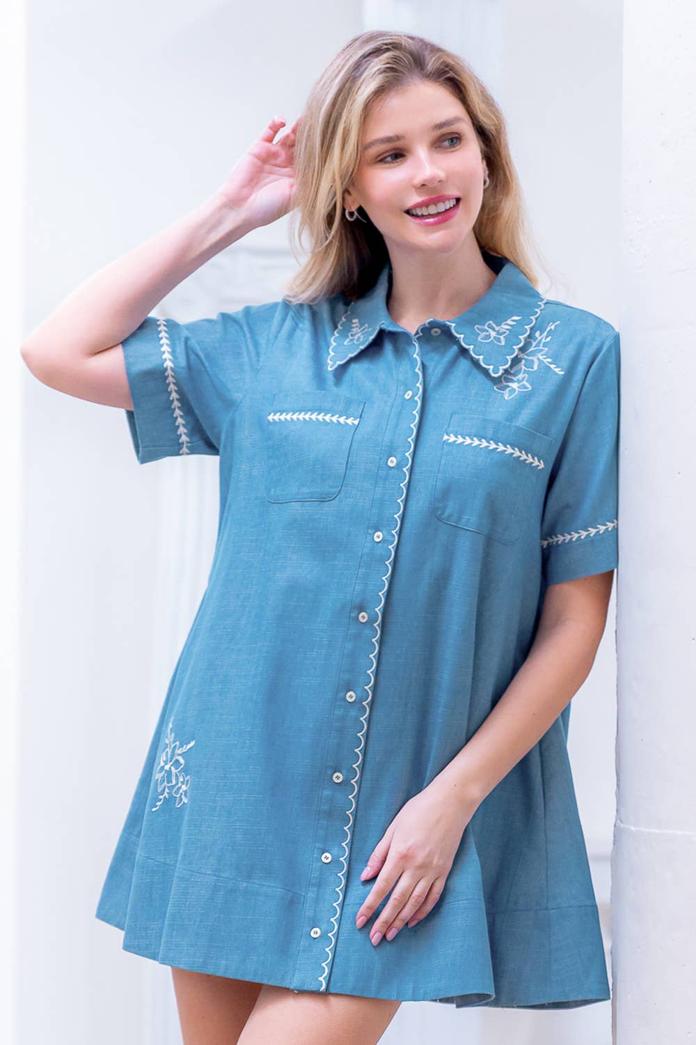 A-Line Embroidery Pocket Dress for Women - Casual Wear