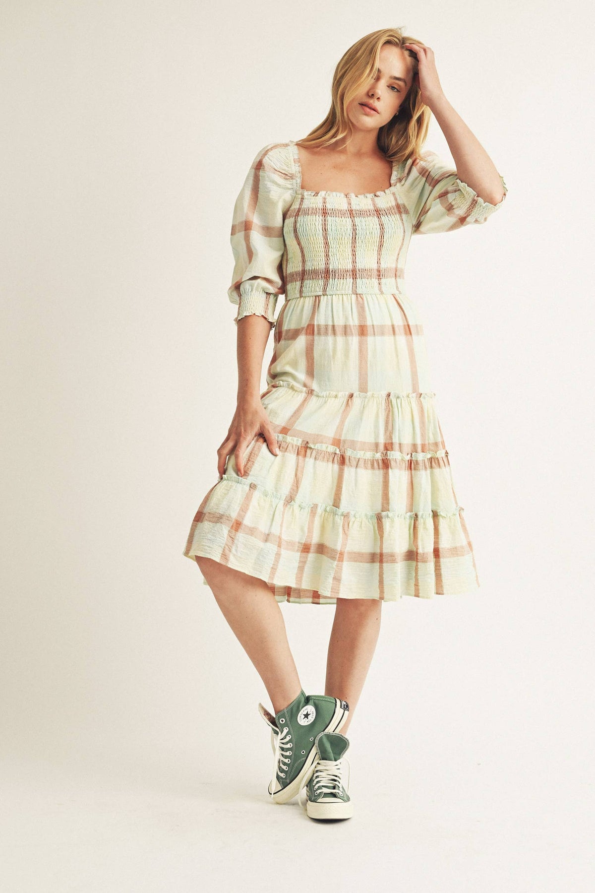 Neutral and Pastel Large Plaid Midi Dress