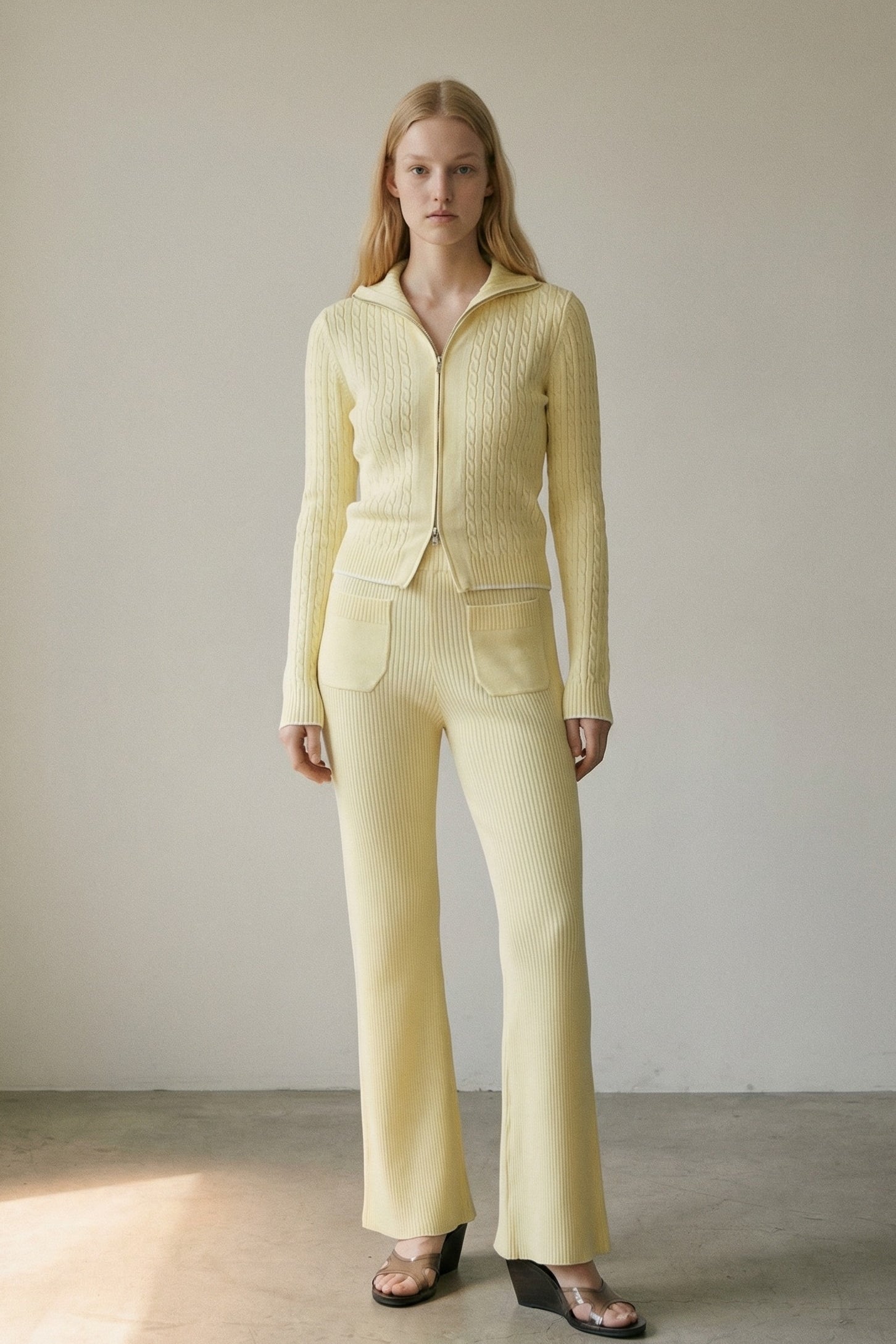 2 Piece Knit Zip-up Top & Flared Leg Pants Sets