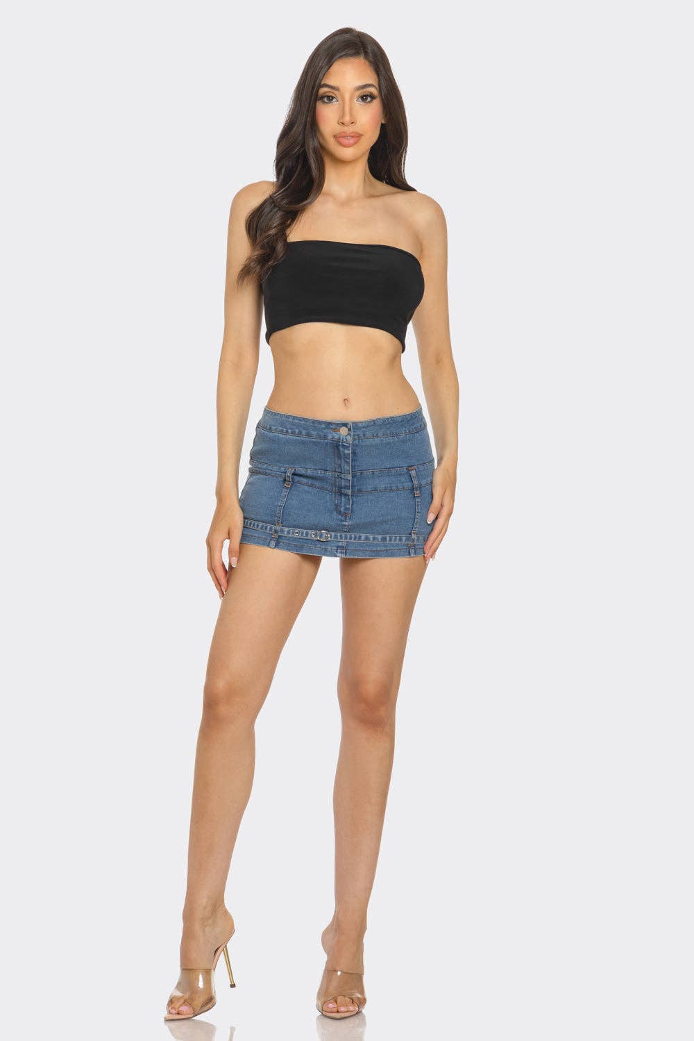 Denim Mini Skirt - Mini Belt Buckle Stretch Jean