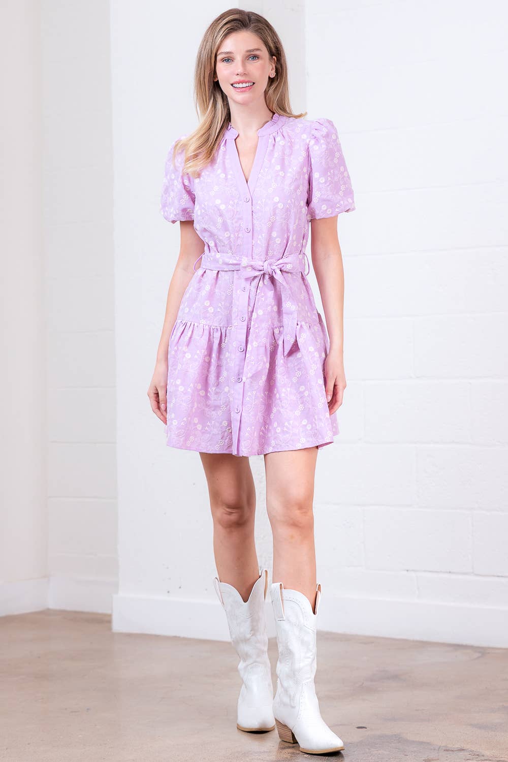 Chic Pink Embroidered Mini Dress with Bubble Sleeves