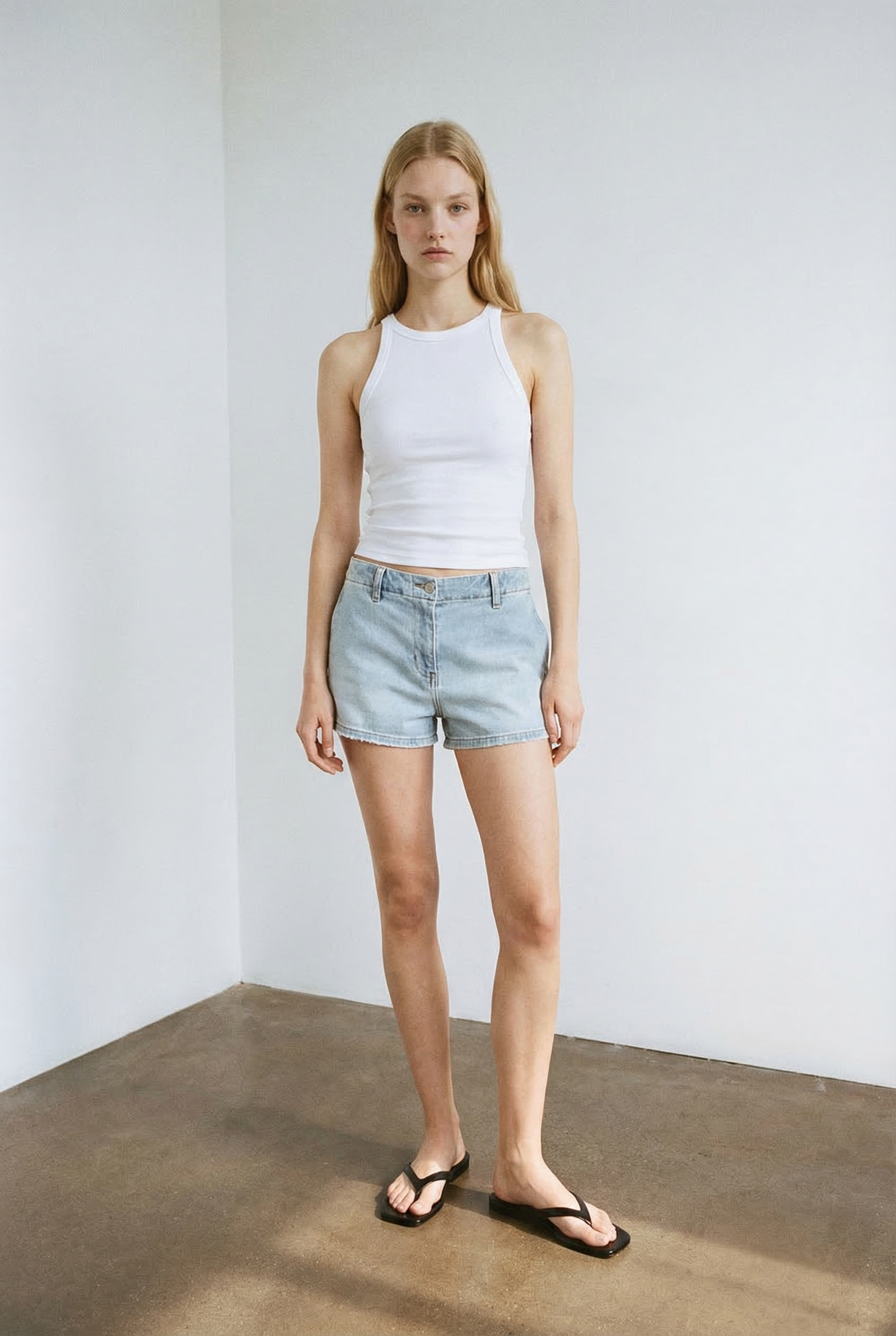 Mid Rise Elastic Band Denim Shorts