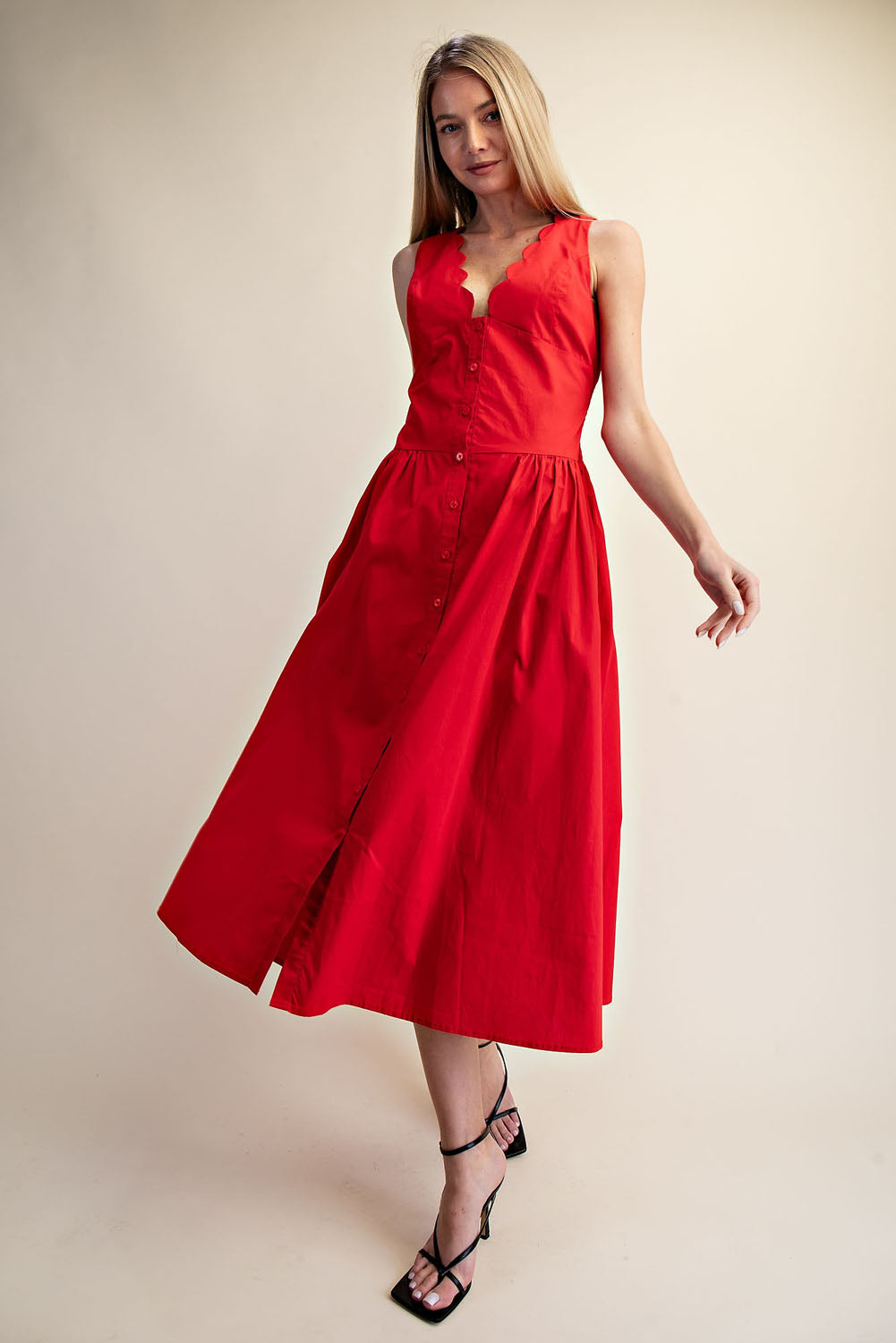 Scallop Neck Sleeveless Midi Dress