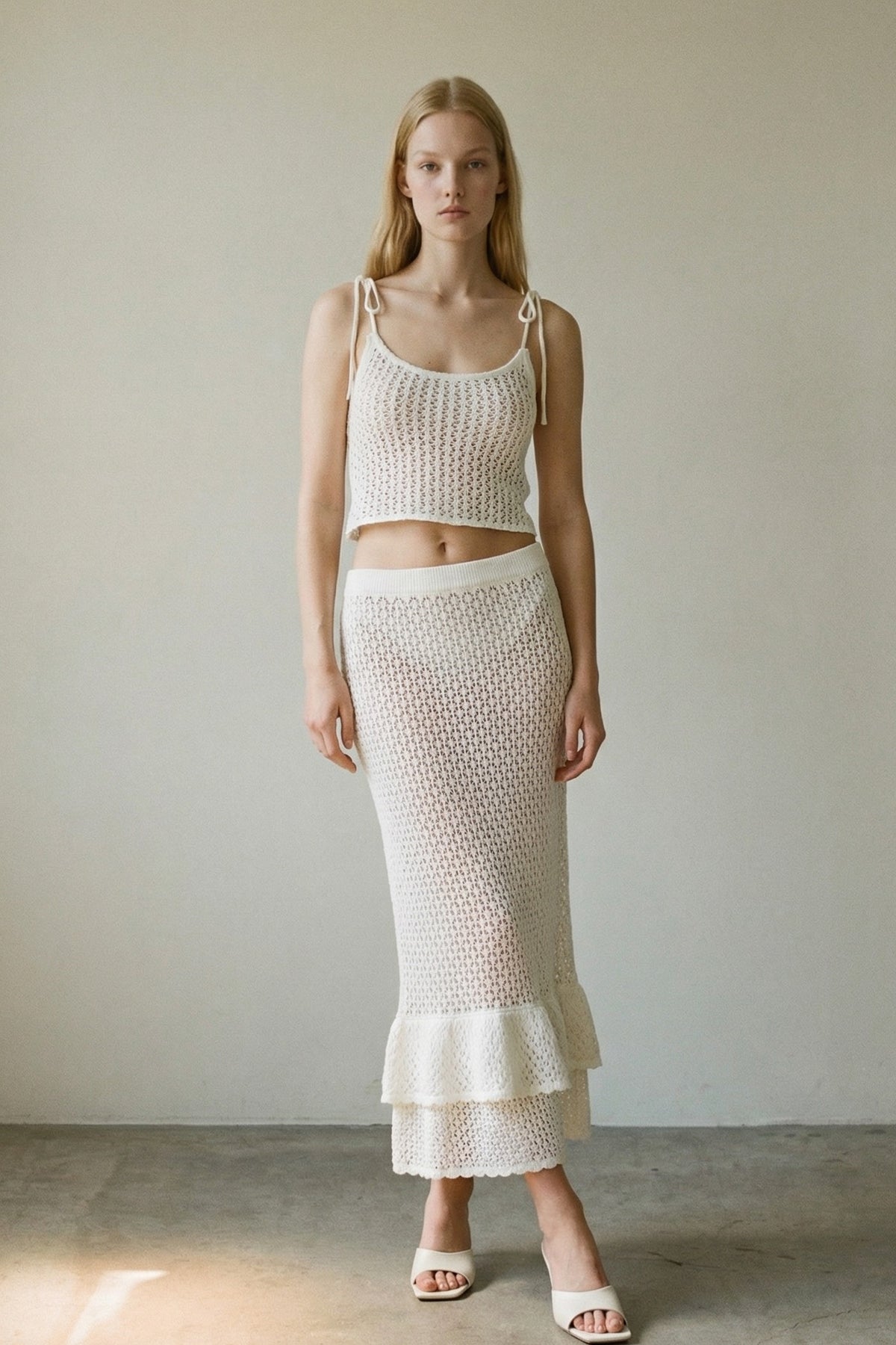 Crochet Knit Cami Top & Ruffle Hem Skirt Set