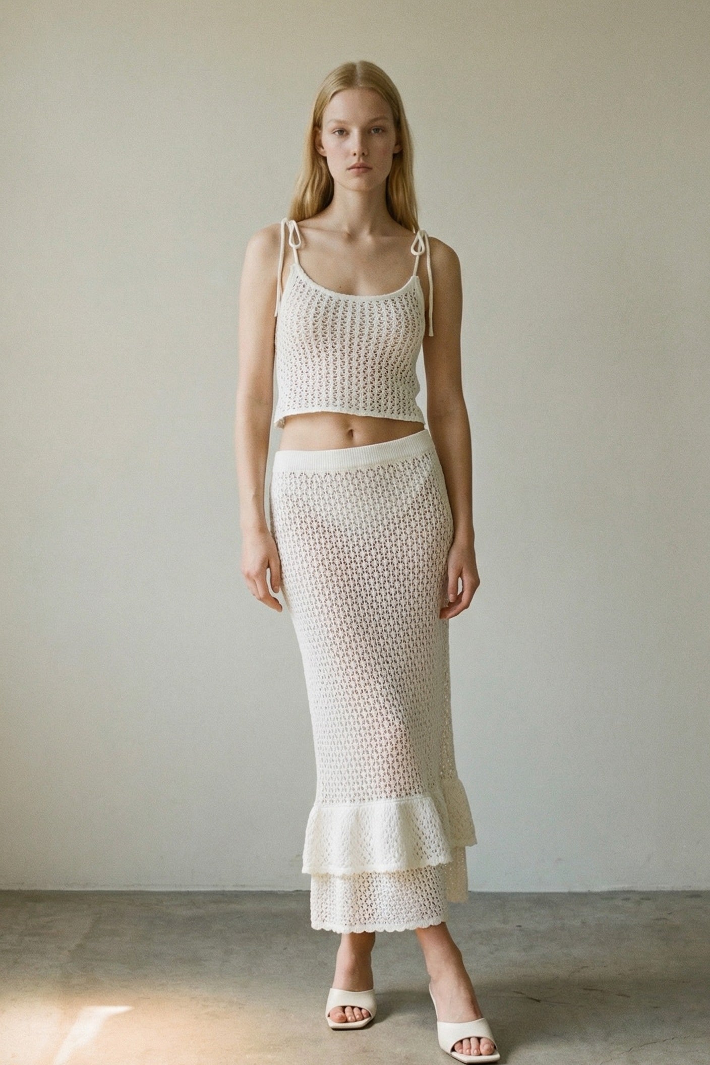 Crochet Knit Cami Top & Ruffle Hem Skirt Set