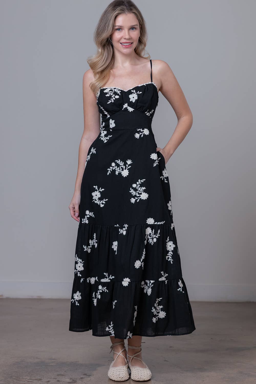 Embroidered Sleeveless Tiered Long Dress
