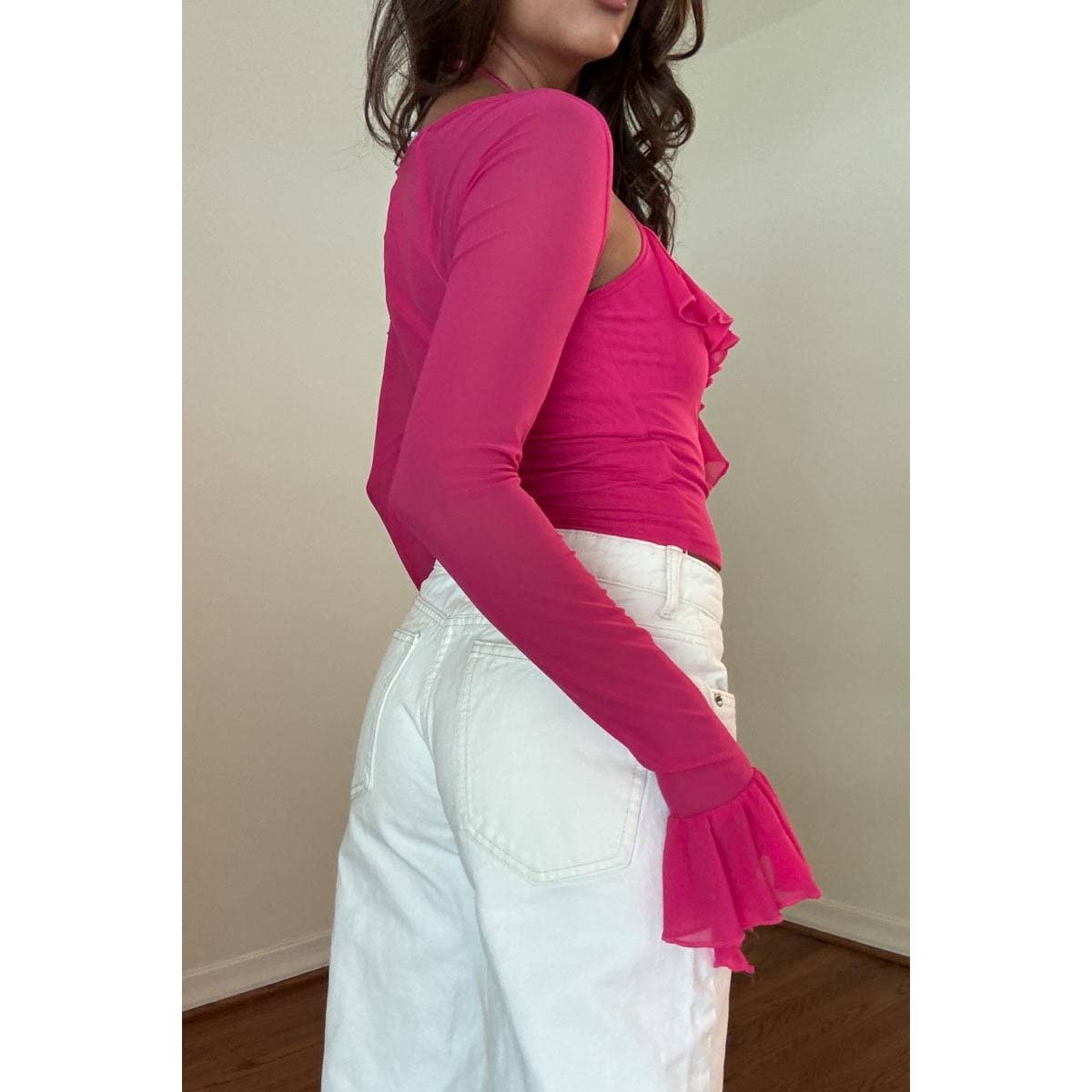 Ruffle Trim Long Sleeve Crop Top