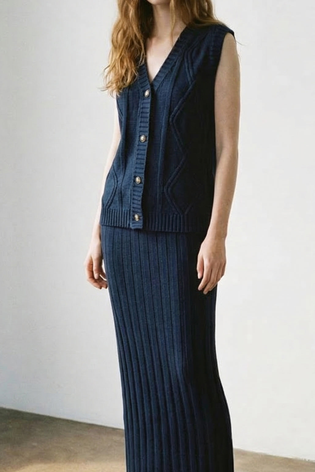 2 Piece Knit Vest Top W/Maxi Skirt Sets