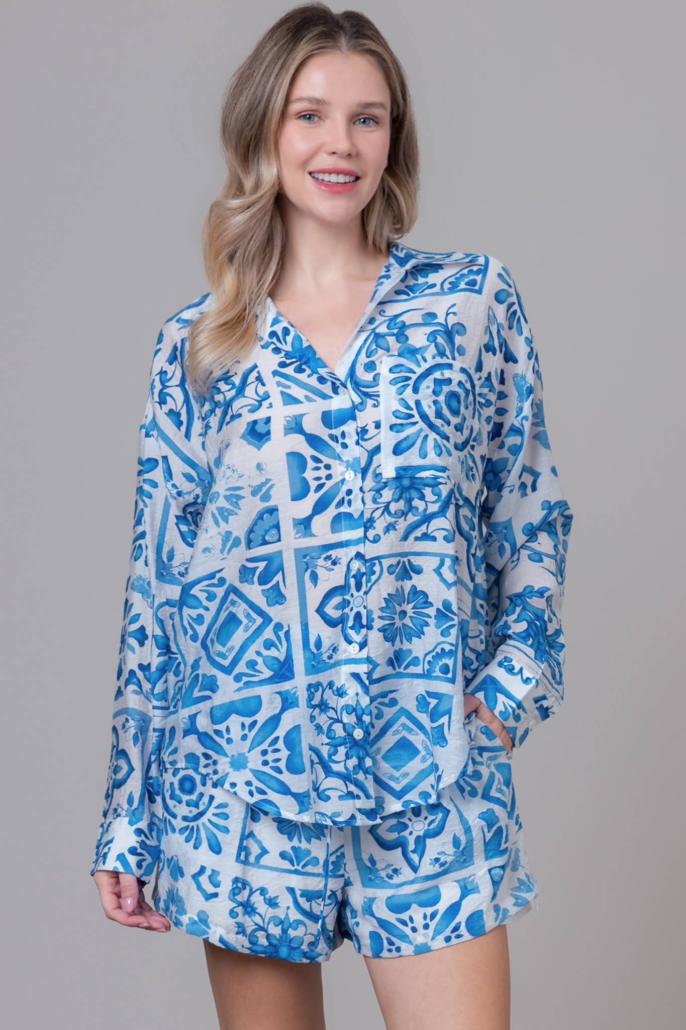 Blue and White Printed Loungewear Set | Button Down Shirt