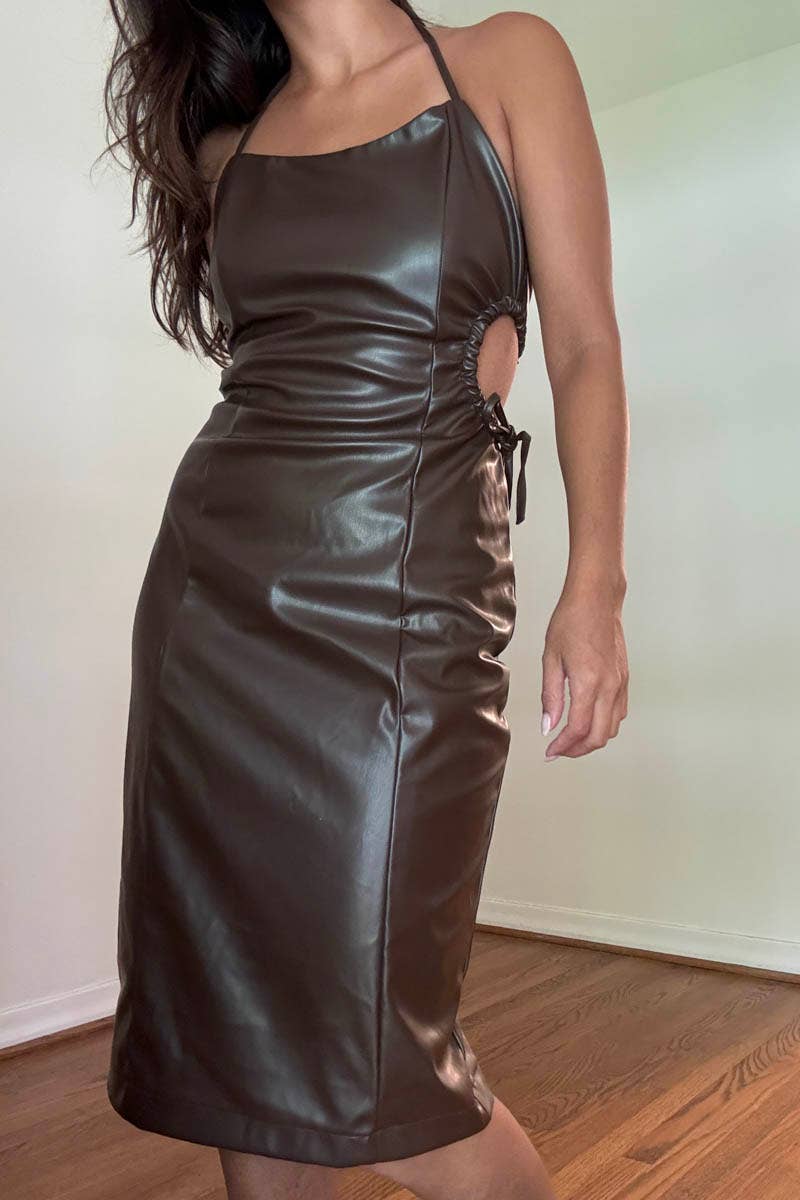 Cut Out Faux Leather Midi Dress