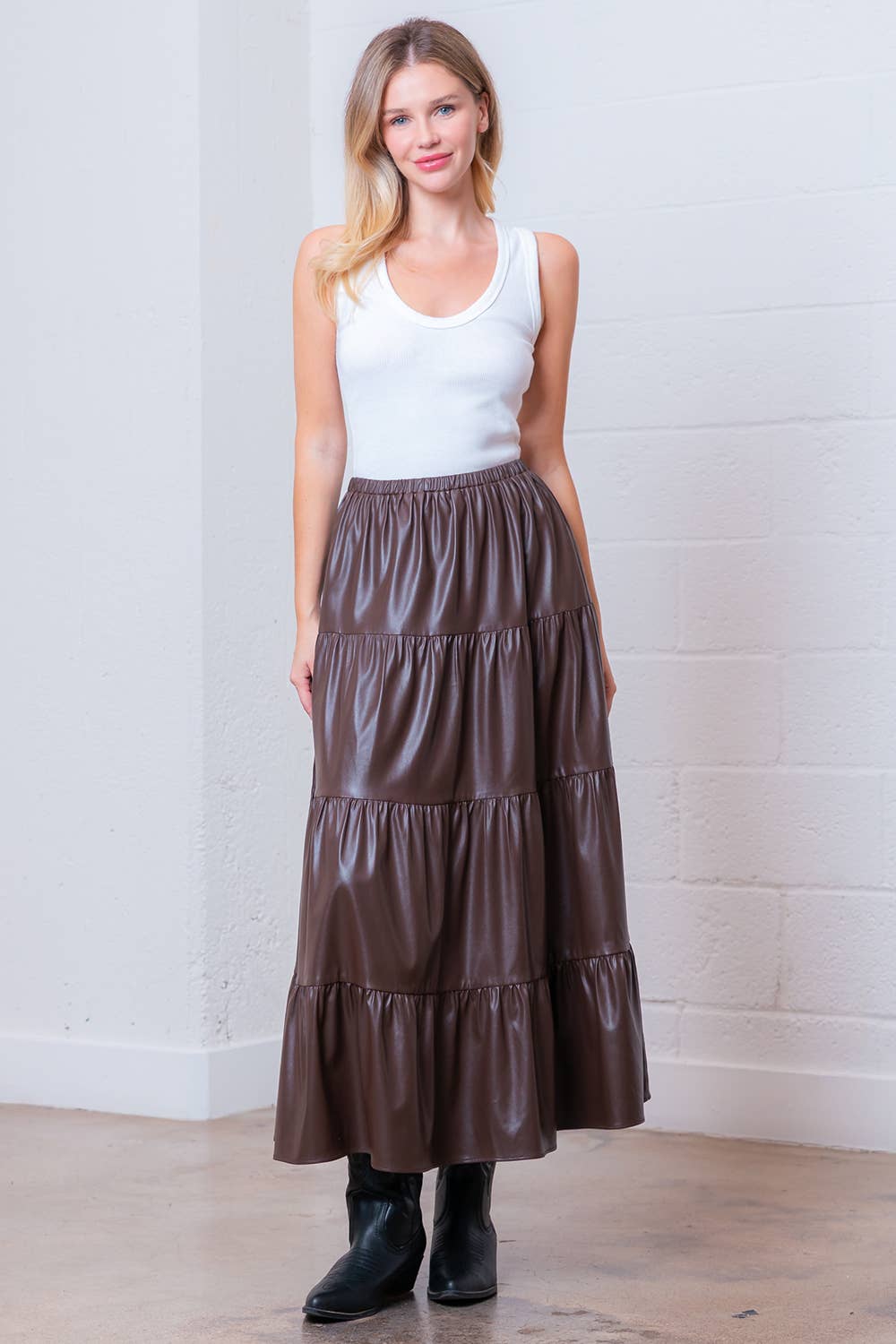 Stylish Smocked Waist Leather Skirt for Women